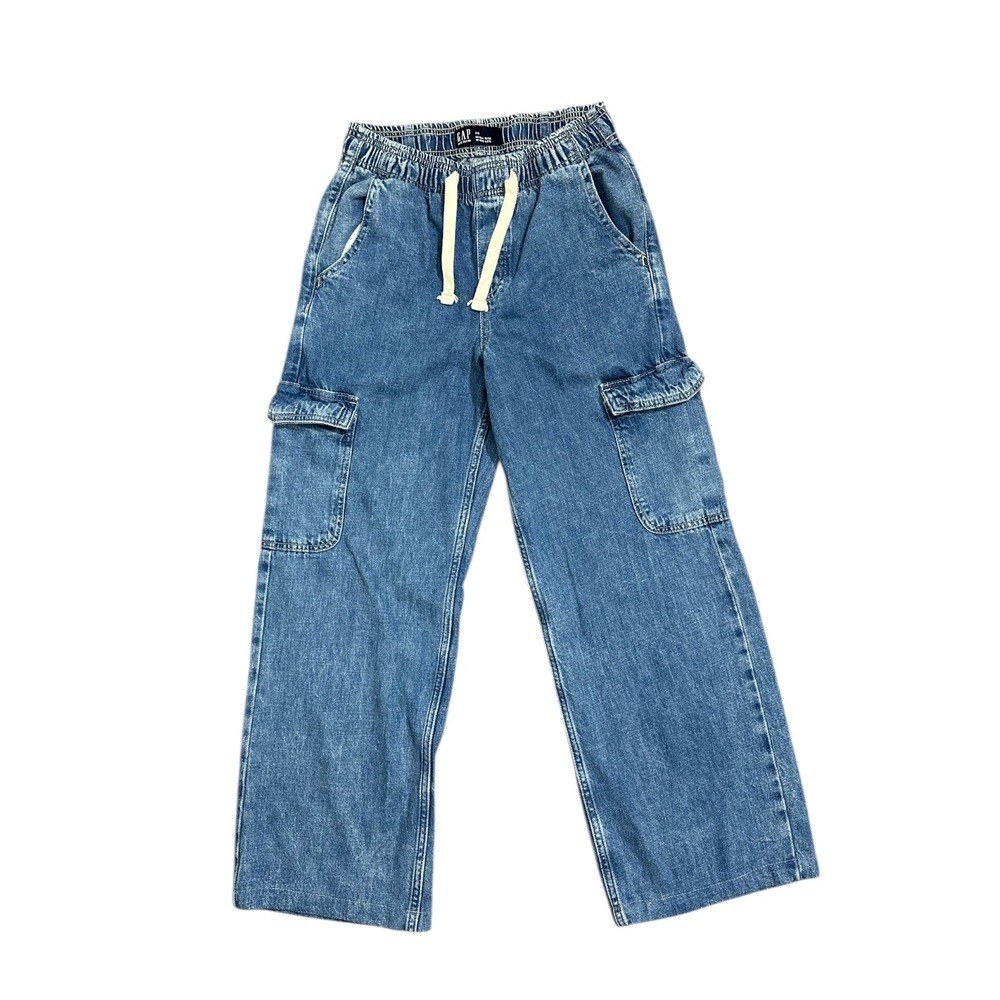 GAP‎ High Rise Wide Leg Cargo Jeans Medium Wash Elastic Waist Drawstring Size XS